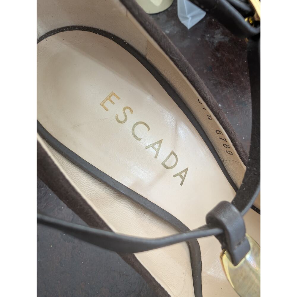 ESCADA! ESPRESSO BROWN FINE SUEDE LEATHER GOLD METAL T BAR FRONT HEELS! 7M, 37.5 - Picture 10 of 13